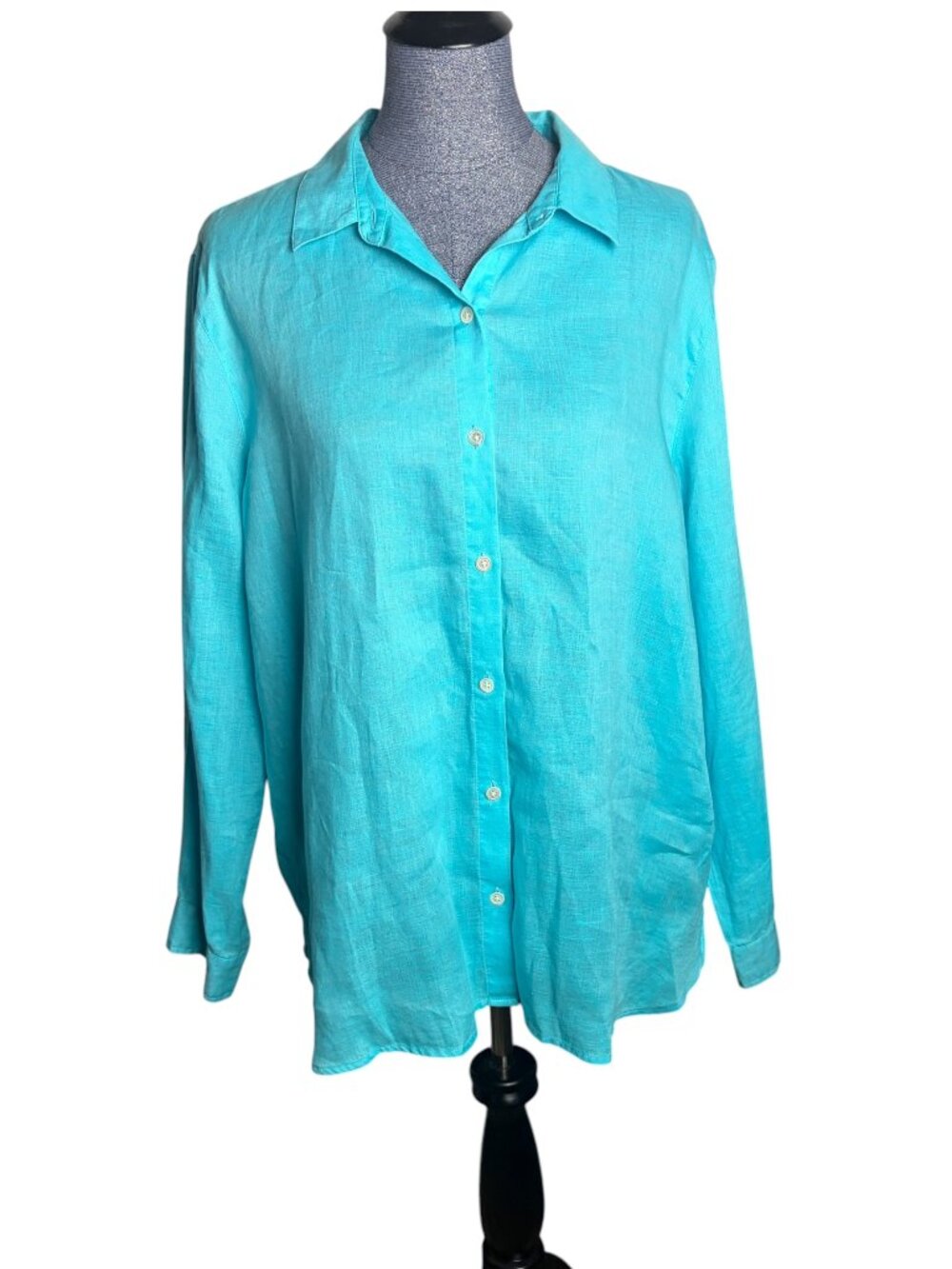 J Jill Love Linen Size L Teal Blue Button Down Blouse Top Long Sleeve Costal